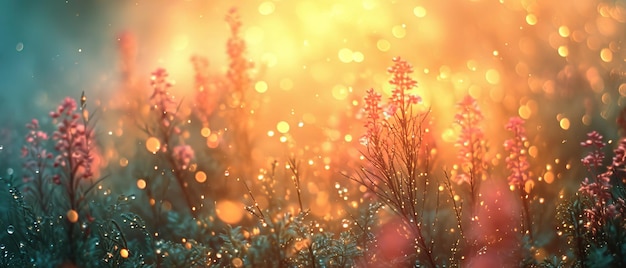 a blurry image of a field of flowers with rain drops