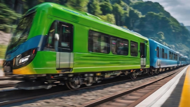 A blurry image of a green and blue train with a blur of the image of a car