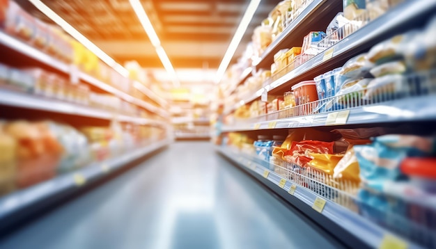 A blurry image of a grocery store aisle with a cart in the middle