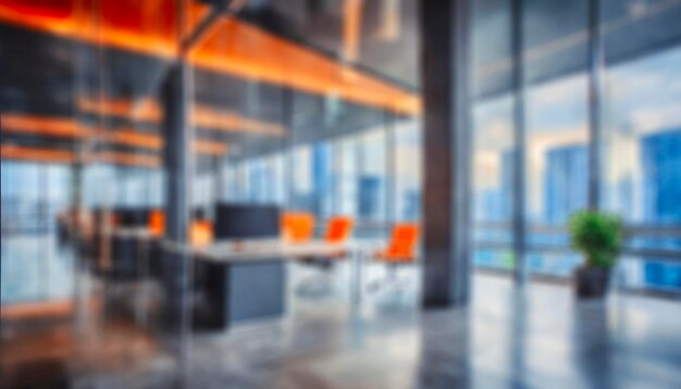 A blurry image of a large glasswalled office with several chairs and a potted plant The office looks