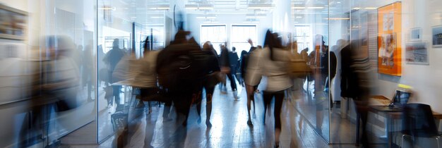 Blurry image of many people in a office