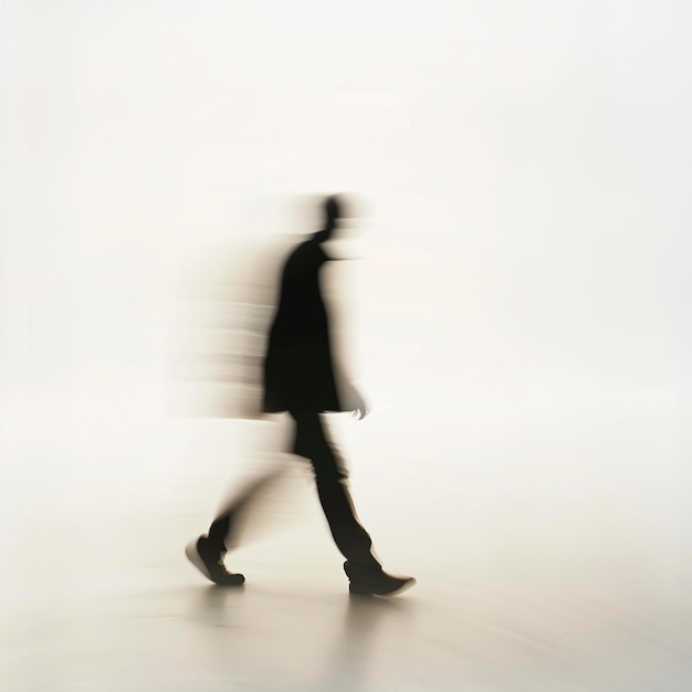 Фото Размытое изображение человека, идущего в белой комнате.