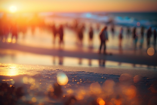 A blurry image of people on a beach with the sun setting behind them.