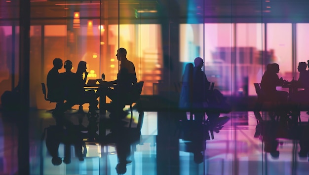 a blurry image of people sitting at a table in a lobby