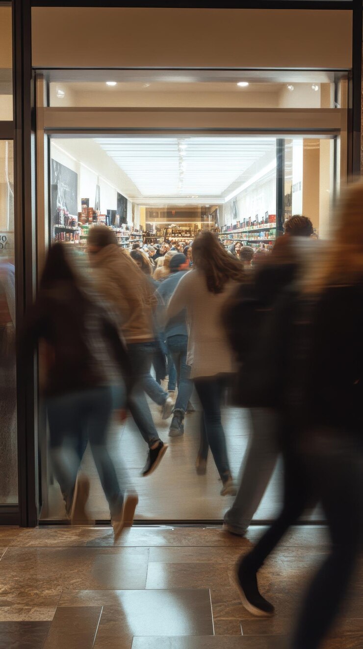 Photo a blurry image of people walking through a store window