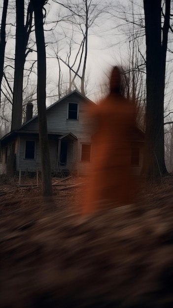 a blurry image of a person in an orange coat walking through the woods