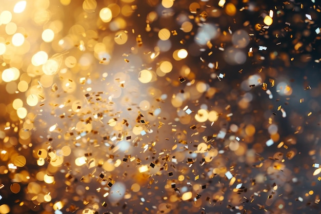 A blurry image showing gold glitter particles scattered on a black background Confetti in gold and silver glinting under bright lights AI Generated