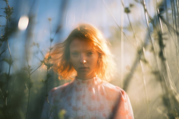 Photo a blurry image of a woman in a field of tall grass