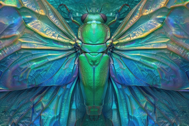 写真 緑と青の背景にぼんやりとした虹色の甲虫の翼のパターン