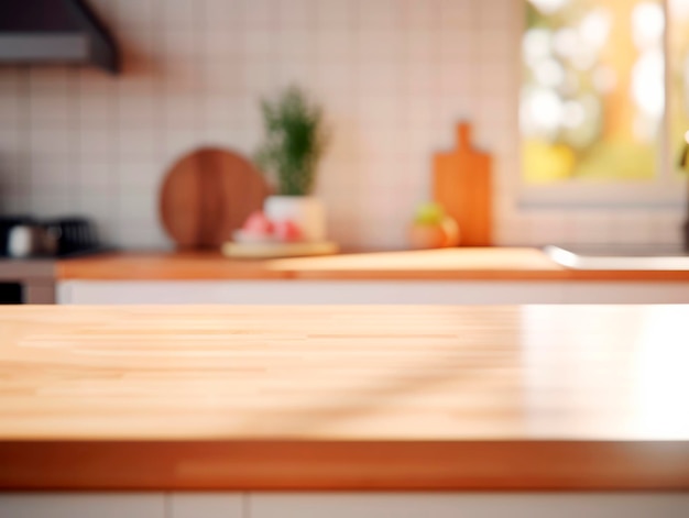 A blurry kitchen interior with a clear focus on the wooden countertop natural light concept of home Generative AI