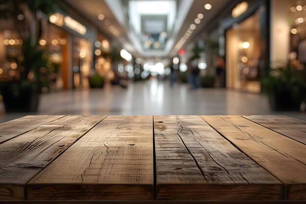 Foto blurry mall scene achter een houten tafel