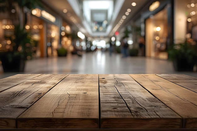 Foto scena sfocata del centro commerciale dietro un tavolo di legno