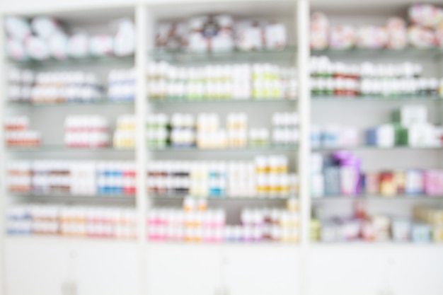 Photo blurry medicine cabinet and store medicine and pharmacy drugstore for background