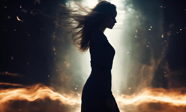 Blurry motion silhouette of a girl with long hair ai generative