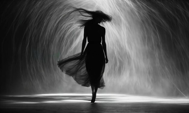 Blurry motion silhouette of a girl with long hair ai generative