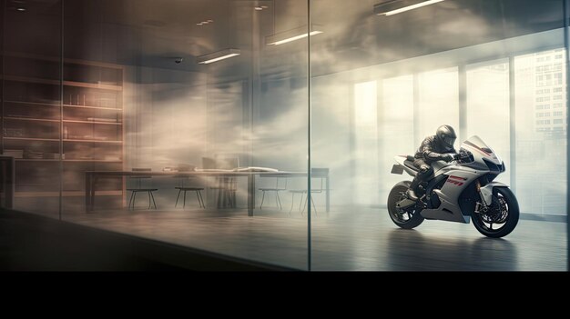 Foto ambiente d'ufficio sfocato con deboli dettagli a tema motociclistico