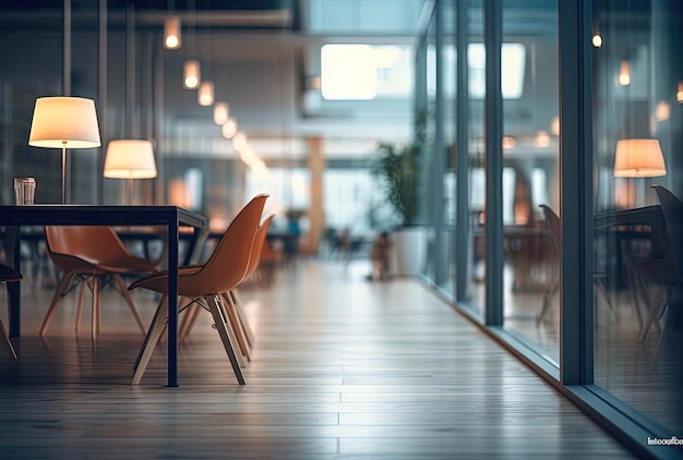 blurry office hallway with tables and chairs