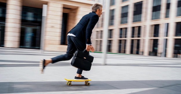 A blurry photo in motion The manager rides a skateboard to the office A businessman man goes to work