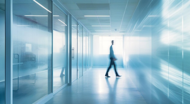 Blurry portrait of an office worker walking around an office