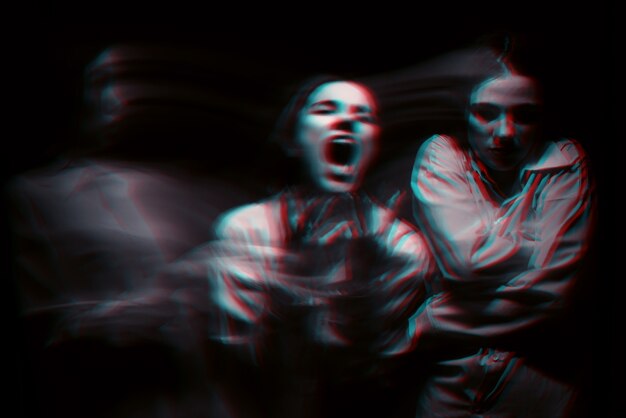 haunted movies picture Photo blurry portrait of a psychopathic girl with mental paranoid disorders. black and white with 3d glitch virtual reality effect
