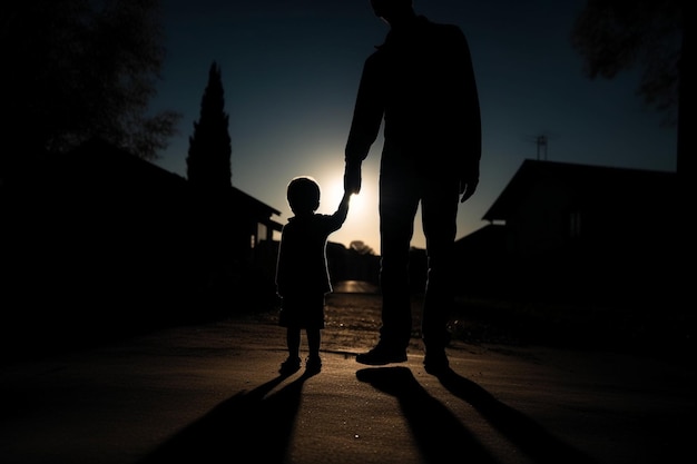 Blurry shadow silhouette of a little boy walking with parents hand in hand in the night
