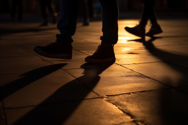 Blurry shadow silhouette of a people walking in the night detail of legs