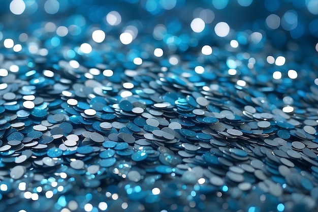 Blurry shimmering background of blue sequins silver glitter light abstract bokeh texture drawing design sparkling wallpaper for christmas party time