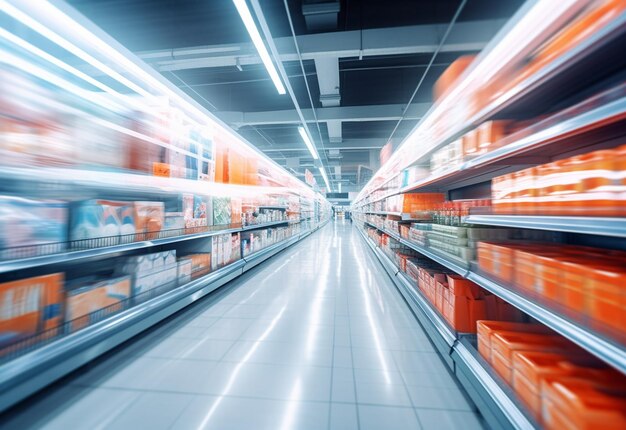 Blurry shopping shelves in supermarkets and department stores realistic image ultra hd high design