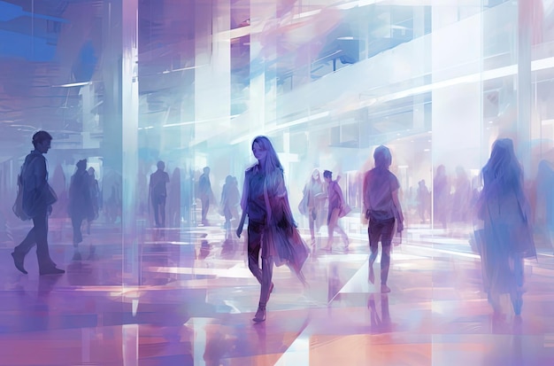 미래 디지털 예술 스타일로 쇼핑몰에 있는 사람들의 흐릿한 사진