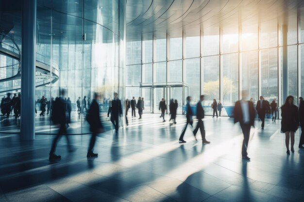 Photo blurry silhouettes of office workers hurrying in modern office building