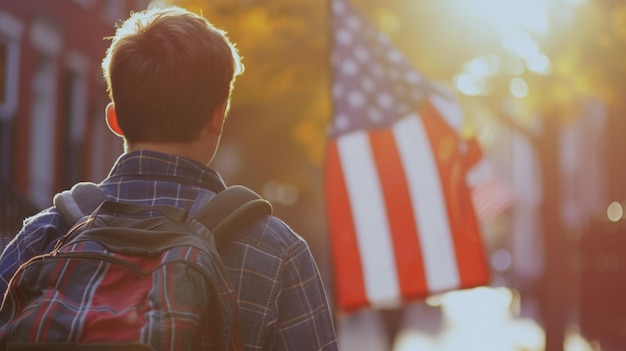 ぼんやりしたアメリカ国旗とバックパックを背負った学生