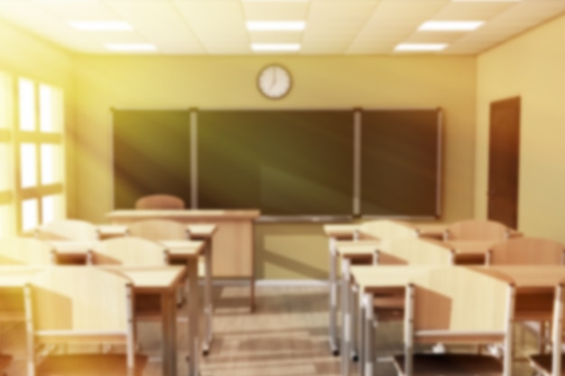 Blurry View of Chalkboard with Rows of Wooden Lecture School or College Desk Tables in Modern Classroom extreme closeup background. 3d Rendering