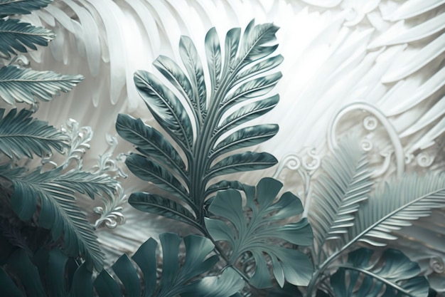 a blurry white image of palms leaves in the water in the style of light gray and emerald