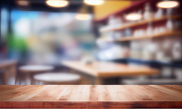 A blurry workplace in the kitchen with an empty wooden countertop in front of generative AI