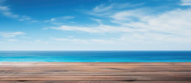 Blurrying the line between the wooden table top and the vibrant blue sea and sky in the summertime