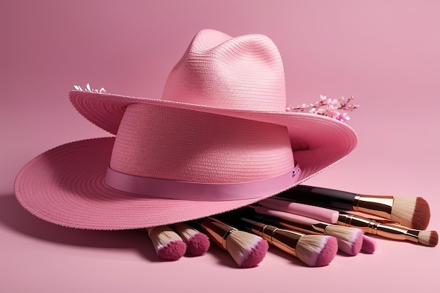 Blush lilac makeup brushes and straw hat are located on isolated pink