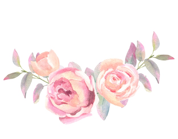 Blush peach watercolor floral arrangement roses and eucalyptus branches isolated on white background