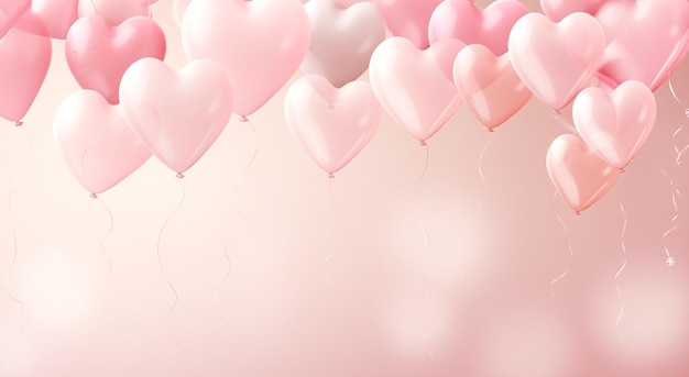 심장 모양의 풍선과 함께 은 분홍색 파노라마 배경 발렌타인 데이 축하