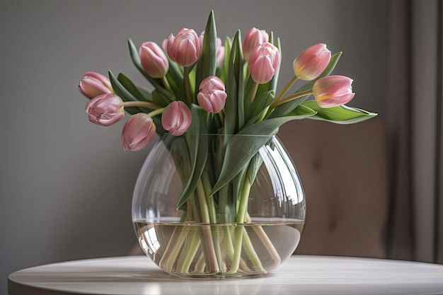 Blushkleurige tulp bloeit in een eigentijdse vaas