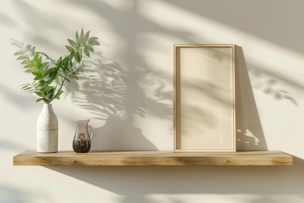 Photo bluured of wood shelf with picture in the living room background concept