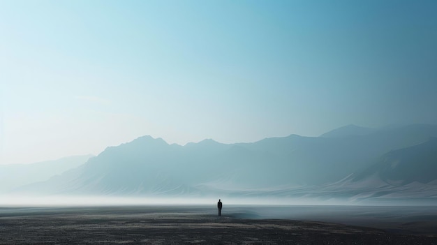 Photo bman standing alone in a vast desert with mountains in the distance