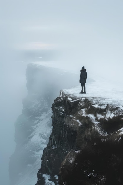 Foto bman standing on a cliff overlooking a foggy valley