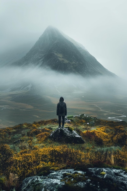 Photo bman standing on a rock in a field of yellow flowers looking at a foggy mountain