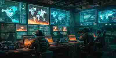 Photo bmilitary personnel monitoring a global conflict in a hightech command center