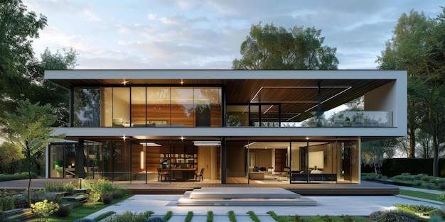 BModern minimalist villa with huge glass windows and open floor plan