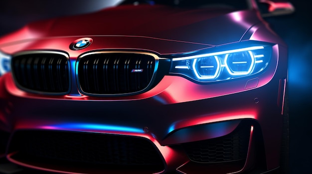Bmw concept car with red and blue lights on display in a showroom generative ai