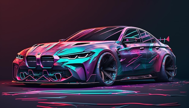 A bmw m5 concept car is painted in neon colors.