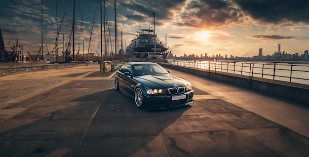 BMW on a pier in the day Well lit hyper realistic wallpaper