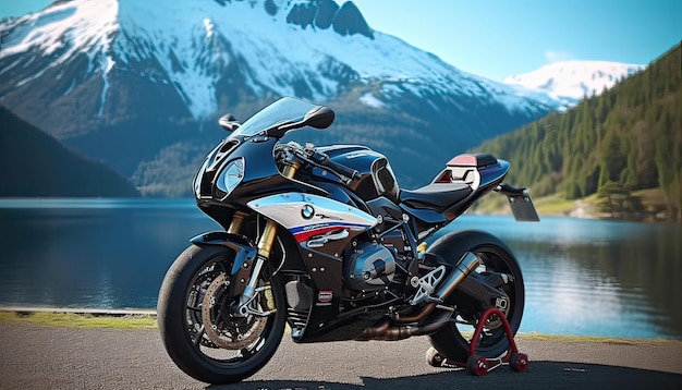 BMW sportbike stands near the lake