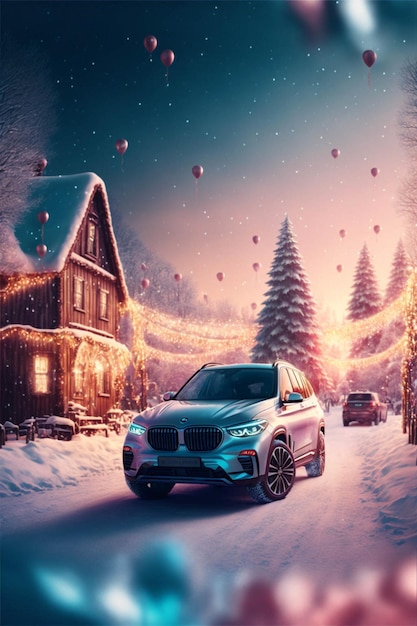 Bmw suv parked in front of a house in the snow generative ai